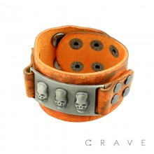 BROWN LEATHER BRACELET CUFF WITH SKULL METAL CONNECTOR BAR