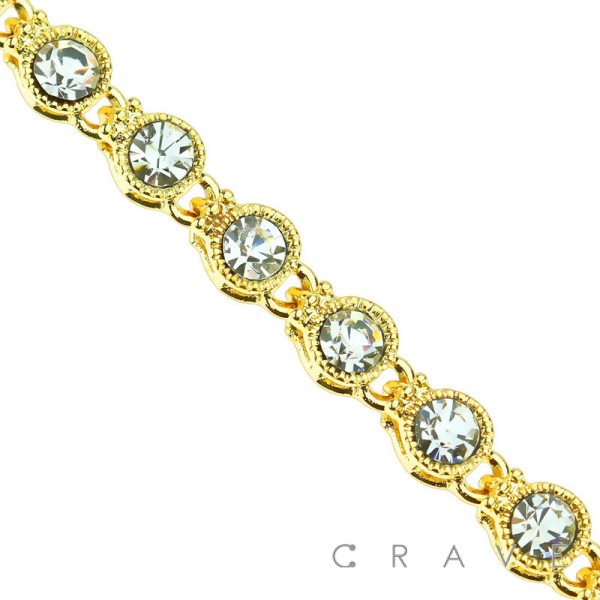 GOLD PLATED CROWN CZ EMBEDDED CHAIN LINK CLAMP CLOSURE BRACELET
