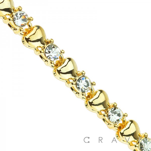 GOLD PLATED HEART AND CZ BEZEL ROUND CHAIN LINK BRACELET