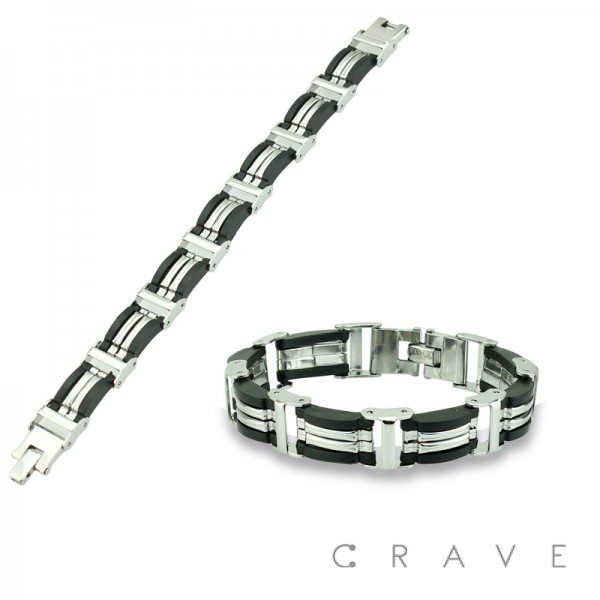 TWO SILVER INLAY LINE RUBBER AND STAINLESS STEEL BICYCLE CHAIN BRACELET