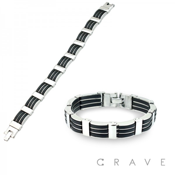 THREE BLACK RUBBER LINE AND STAINLESS STEEL CHAIN BRACELET