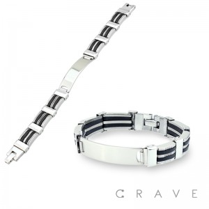 BLACK RUBBER AND STAINLESS STEEL ID CURB CHAIN BRACELET