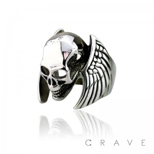 STAINLESS STEEL WINGED DEMON SKULL RING