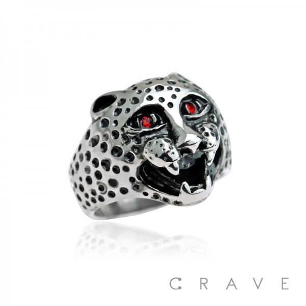 STAINLESS STEEL ROARING LEOPARD WITH GEMMED RUBY EYES RING