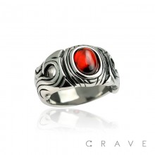 STAINLESS STEEL FILIGREE W/RED OVAL GEM CENTERED BAND RING