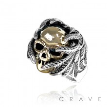 STAINLESS STEEL GOLD PLATED FEATHER WINGED SKULL BIKER RING