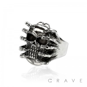 STAINLESS STEEL SKELETON HAND OVER SKULL BIKER RING