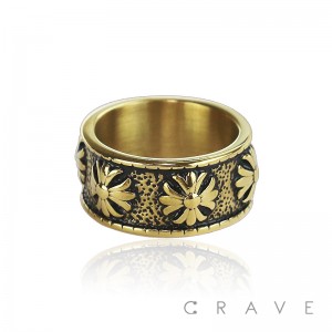 STAINLESS STEEL GOLD PLATED FLEUR DE LIS BIKER BAND RING