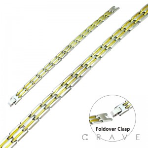 TWO TONE TRIPLE SHINY SILVER STRIPE WIDE LINK STAINLESS STEEL BRACELET