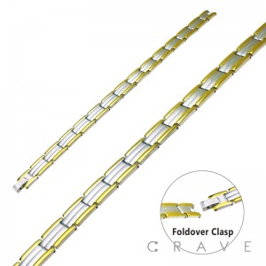 TWO-TONE WIDE STAINLESS STEEL CHAIN BAND BRACELET W/ DOUBLE GOLD STRIPED EDGES