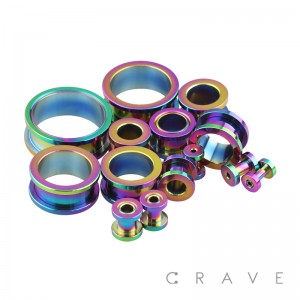 RAINBOW PVD PLATED OVER 316L SURGICAL STEEL SCREW FIT TUNNEL PLUG