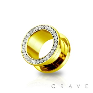 GOLD PVD PLATED 316L SURGICAL STEEL GEM PAVED RIM SCREW FIT TUNNEL