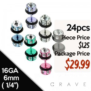 24PCS OF ASSORTED COLOR DOUBLE SIDE ROUND CENTER GEM 316L SURGICAL STEEL FAKE PLUG PACKAGE
