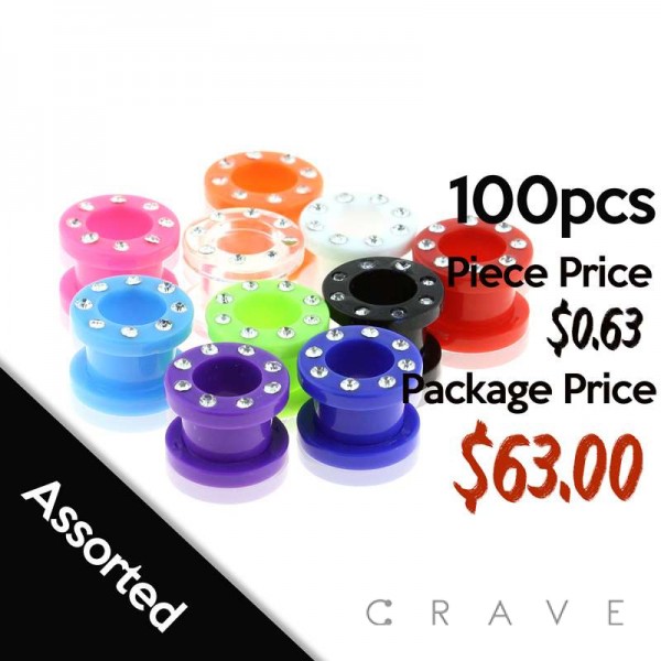 100PCS OF ASSORTED MULTI GEM ACRYLIC SCREW FIT TUNNEL PLUG PACKAGE