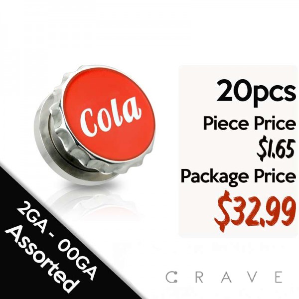 20PCS OF ASSORTED SIZES COLA PRINT BOTTLE CAP 316L SURGICAL STEEL SCREW FIT PLUG PACKAGE