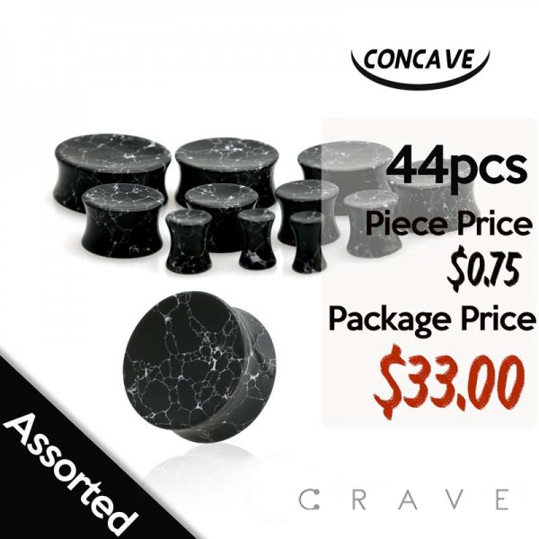 44PCS ASSORTED SIZE SOLID CONCAVE BLACK HOWLITE STONE SADDLE PLUG PACKAGE