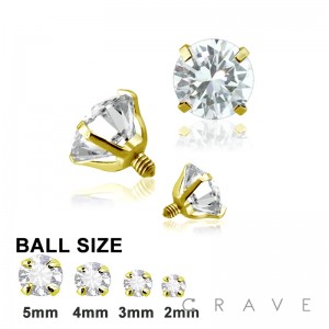 GOLD PVD PLATED OVER 316L SURGICAL STEEL INTERNALLY THREADED CZ PRONG SET TOP(TOP PART ONLY)