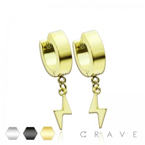 PAIR OF STAINLESS STEEL HUGGIE/HOOP EARRINGS WITH LIGHTNING BOLT DANGLE