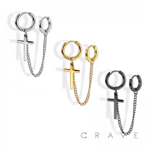 316L STAINLESS STEEL CHAINED HUGGIE/HOOP EARRING WITH CROSS