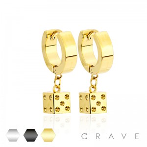 PAIR OF STAINLESS STEEL HUGGIE/HOOP EARRINGS WITH DICE DANGLE