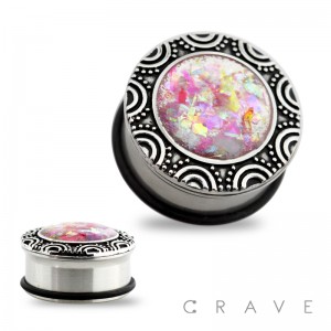OPALITE GLITTER TRIBAL PATTERN TOP 316L SURGICAL STEEL SINGLE FLARE HOLLOW PLUG WITH O-RING
