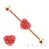 PINK HEART ROSE CENTERED ROSE GOLD PLATED 316L SURGICAL STEEL INDUSTRIAL BARBELL