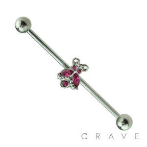 PINK CZ LIGHTNING BUG CENTER 316L SURGICAL STEEL INDUSTRIAL BARBELL