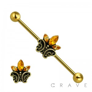 GOLD PLATED CZ FLEUR DE LIS 316L SURGICAL STEEL INDUSTRIAL BARBELL
