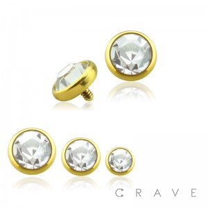 GOLD PVD PLATED OVER 316L SURGICAL STEEL INTERNALLY THREADED DERMAL ANCHORS W/ GEM SET FLAT BOTTOM DOME(TOP PART ONLY)