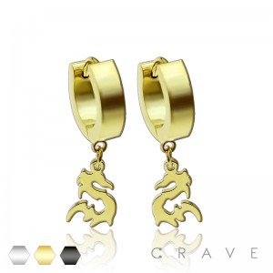PAIR OF 316L STAINLESS STEEL HUGGIE/HOOP EARRINGS WITH DRAGON DANGLE