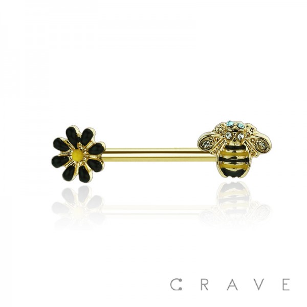 BEE AND DAISY FLOWER 316L SURGICAL STEEL BARBELL NIPPLE BAR