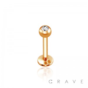 ROSE GOLD PVD PLATED OVER 316L SURGICAL STEEL LABRET/MONROE WITH CLEAR GEM SET (external thread)