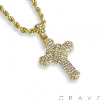 SMALL X CENTER GEM PAVED CROSS PENDANT WITH ROPE CHAIN