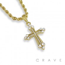 THREE GEM DECORATED CROSS PENDANT WITH ROPE CHAIN