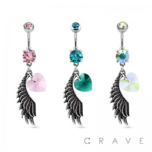 EMERALD HEART CZ ANGEL WING DANGLE PRONG SET 316L SURGICAL STEEL NAVEL RING