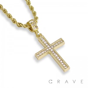 30*44MM GEM PAVED CROSS PENDANT WITH ROPE CHAIN