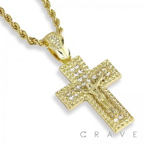 33*48MM GEM PAVED CRUCIFIX CROSS PENDANT WITH ROPE CHAIN