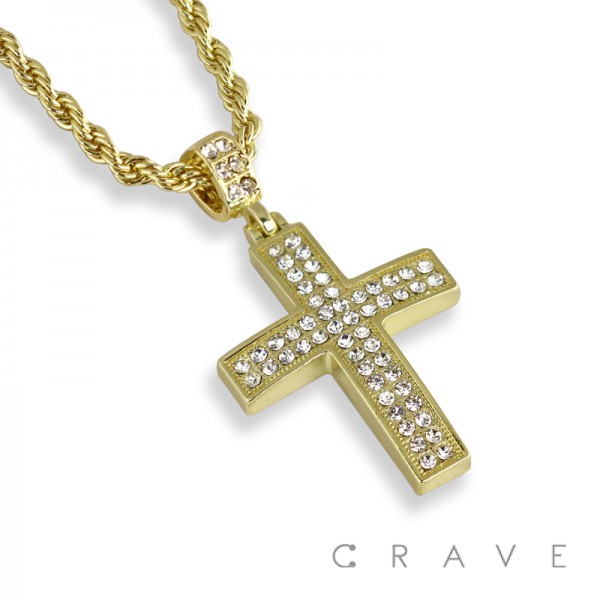 31*40*6MM GEM PAVED  CROSS PENDANT WITH ROPE CHAIN
