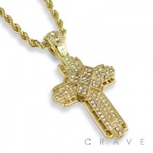 LARGE X CENTER GEM PAVED CROSS PENDANT WITH ROPE CHAIN