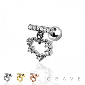 CZ PAVED HEART DANGLE 316L SURGICAL STEEL CARTILAGE BARBELL