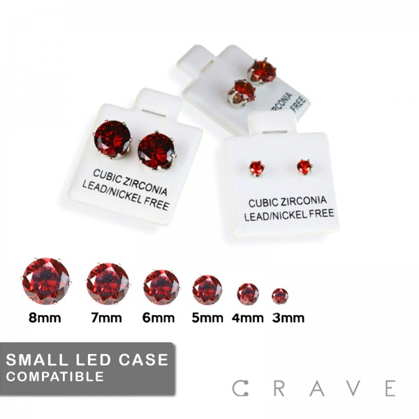 PAIR OF 316L STAINLESS STEEL ROUND RED CZ PRONG STUD EARRINGS WITH REFILL CARD
