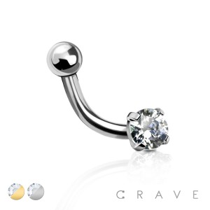 INTERNALLY THREADED 316L SURGICAL STEEL EYEBROW RING - PRONG SET ROUND CZ WITH BALL END