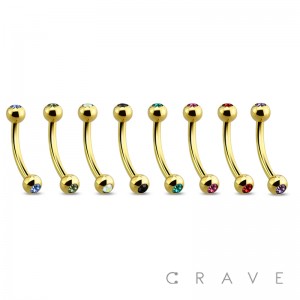 GOLD PVD PLATED OVER 316L SURGICAL STEEL EYEBROW WITH COLOR GEMS (external thread)