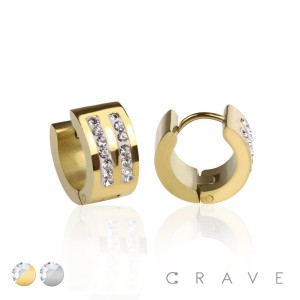 PAIR OF STAINLESS STEEL DUO CZ PAVED HUGGIE/HOOP UNISEX EARRINGS
