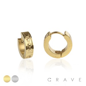 PAIR OF STAINLESS STEEL ENGRAVED BAND OF STARS HUGGIE/HOOP EARRINGS