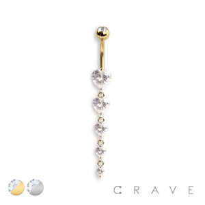 PRONG SET HEART FIVE GEM CASCADE DANGLE CZ 316L SURGICAL STEEL NAVEL RING