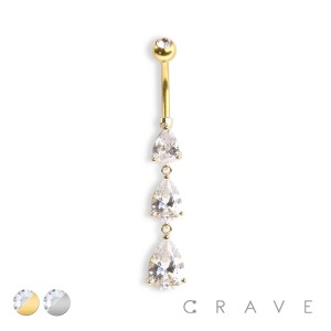 PRONG SET TRIPLE TEARDROP CZ GEM CASCADE DANGLE 316L SURGICAL STEEL NAVEL RING