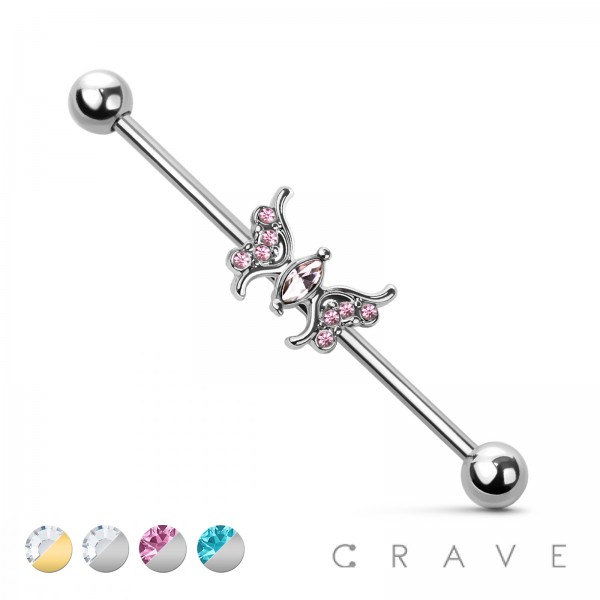 CZ BUTTERFLY CENTER 316L SURGICAL STEEL INDUSTRIAL BARBELL