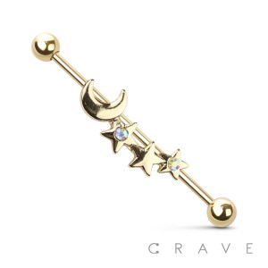 MOON AND STAR CZ CENTER 316L SURGICAL STEEL INDUSTRIAL BARBELL