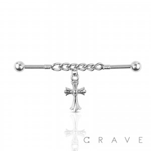CUBAN CHAIN LINK CROSS DANGLE MULTI PURPOSE 316L SURGICAL STEEL INDUSTRIAL BARBELL